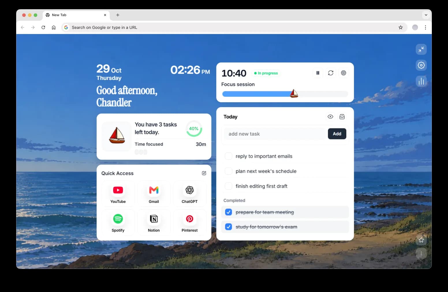 Tabwave - A beautiful new tab with tasks and focus timer